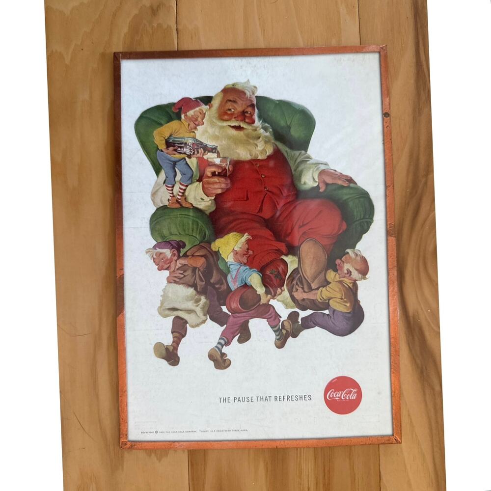 Vintage 1960 Framed Coca-Cola Christmas Print Ad - Santa Claus & Elves